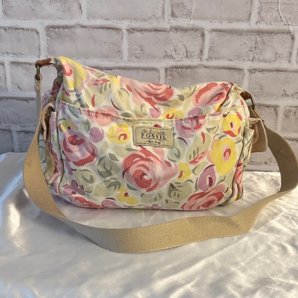 Fossil Floral Canvas Crossbody Bag - Pink and Yellow EUC